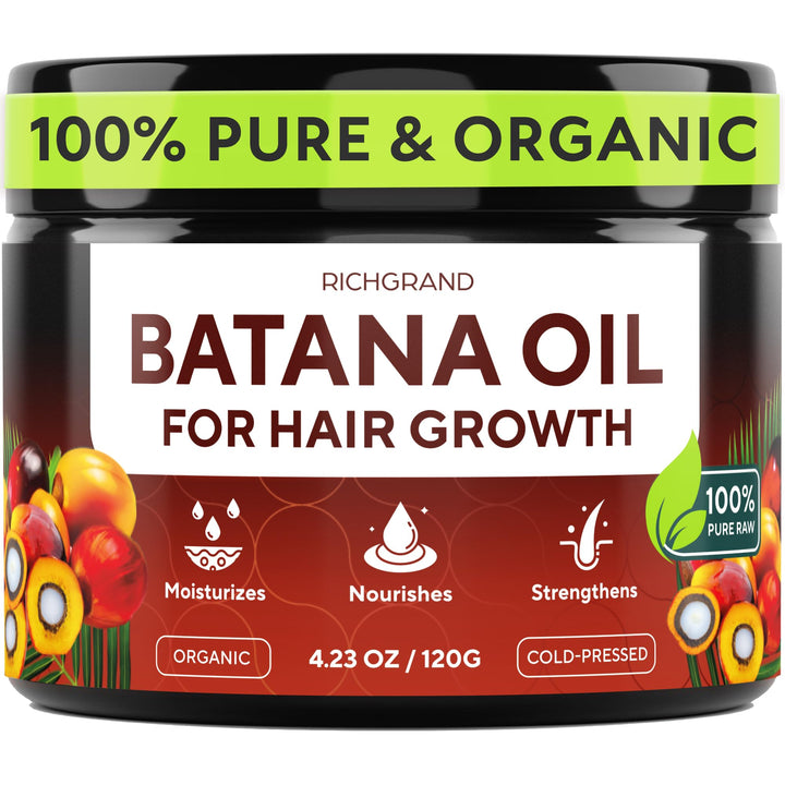 RICHGRAND jar front view showing pure Batana Oil and packaging benefits