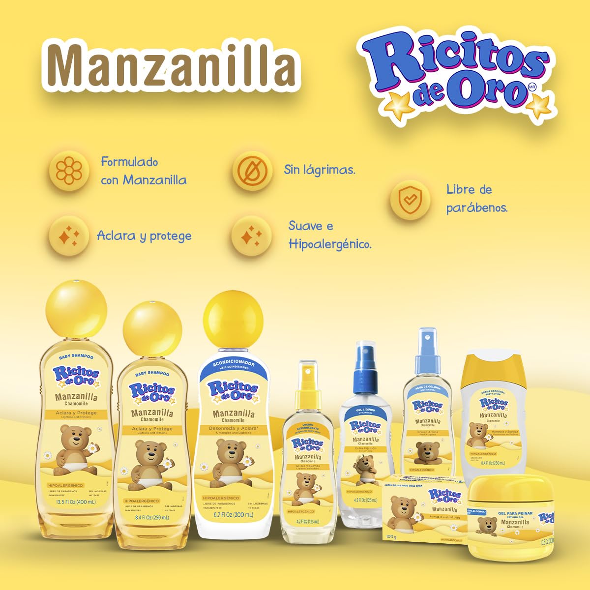 Ricitos de Oro close-up texture drop highlighting chamomile-infused, gentle shine benefit