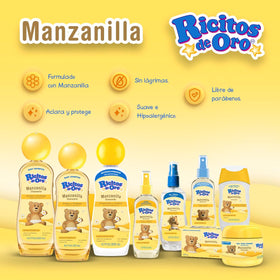 Ricitos de Oro close-up texture drop highlighting chamomile-infused, gentle shine benefit