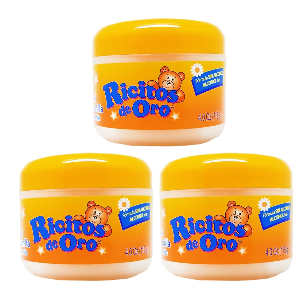 Ricitos de Oro front packaging showing three bottles and product benefits