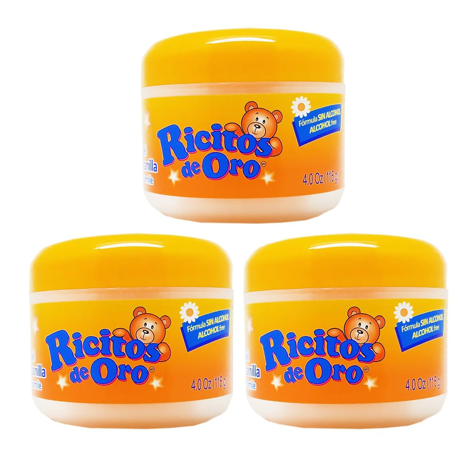Ricitos de Oro front packaging showing three bottles and product benefits