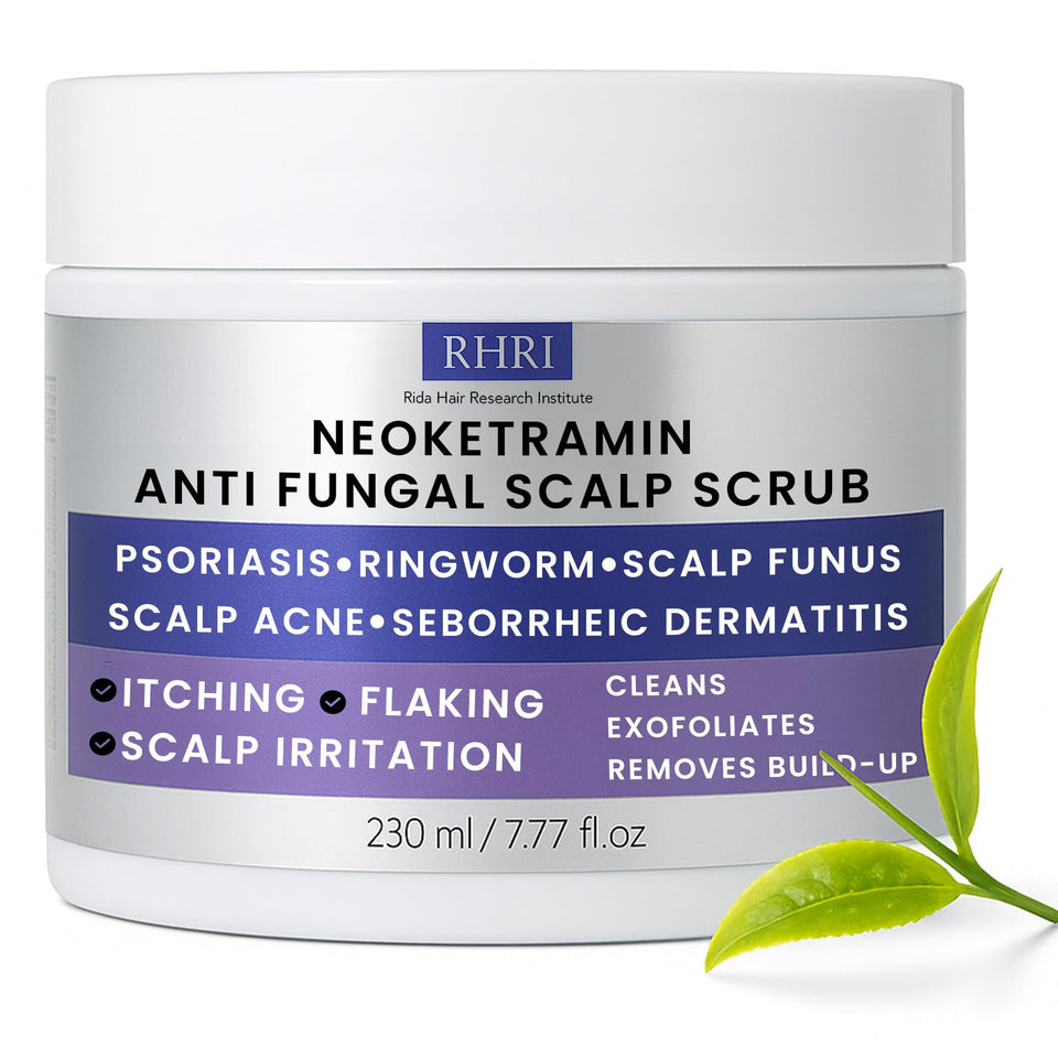 Rida Hair Research Institute front packaging showing medicated anti-fungal scrub benefits