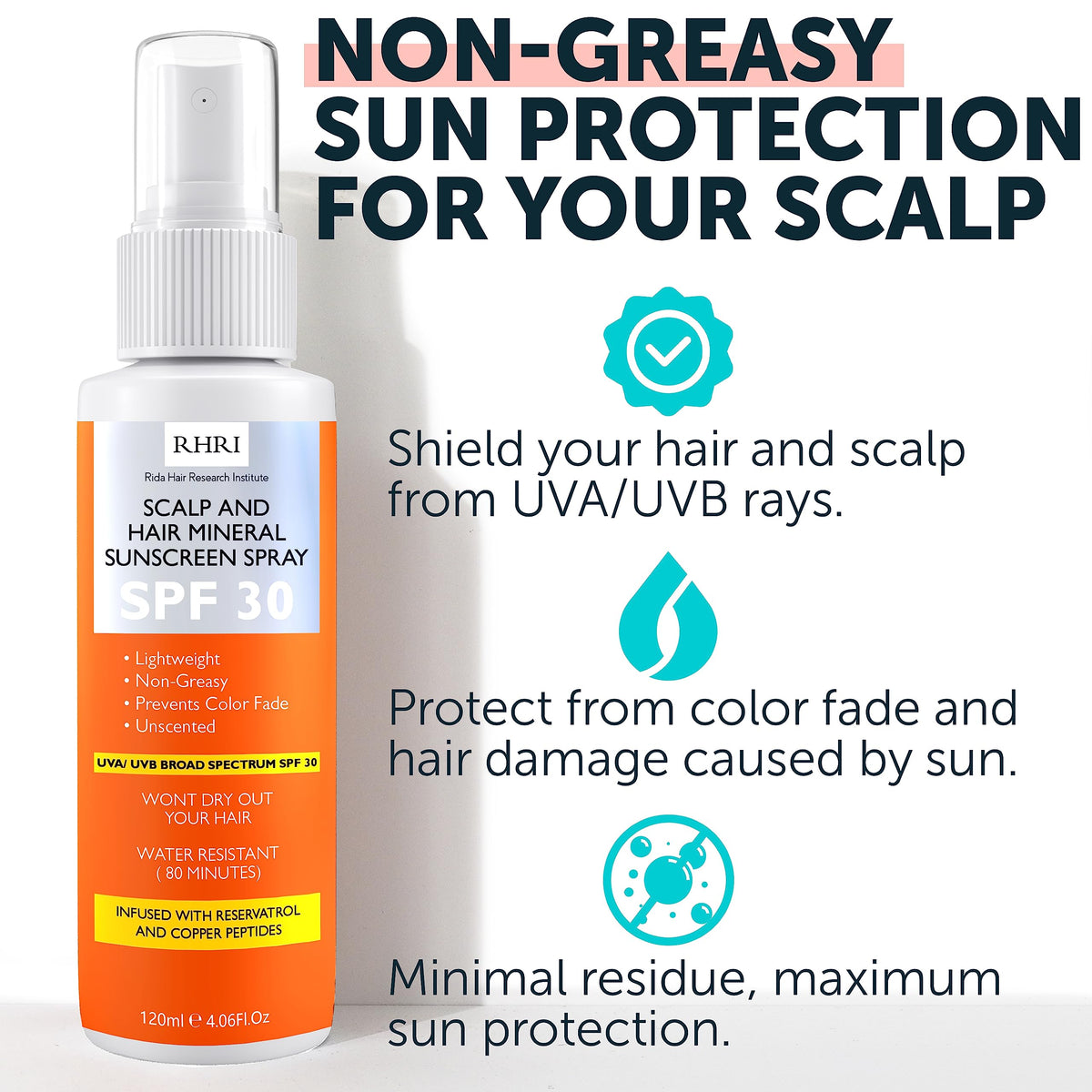 Rida Hair Research Institute fine mist close-up demonstrating even, lightweight coverage benefit