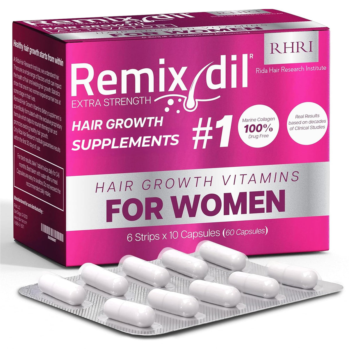Rida Hair Research Institute front packaging showing bottle and branding benefits