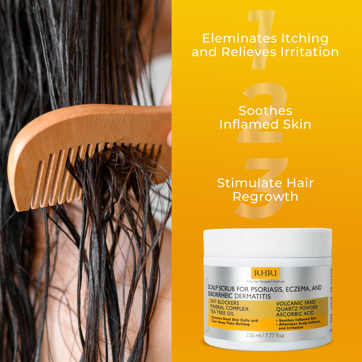 Rida Hair on bathroom shelf alongside shampoo conveying integration into weekly routine