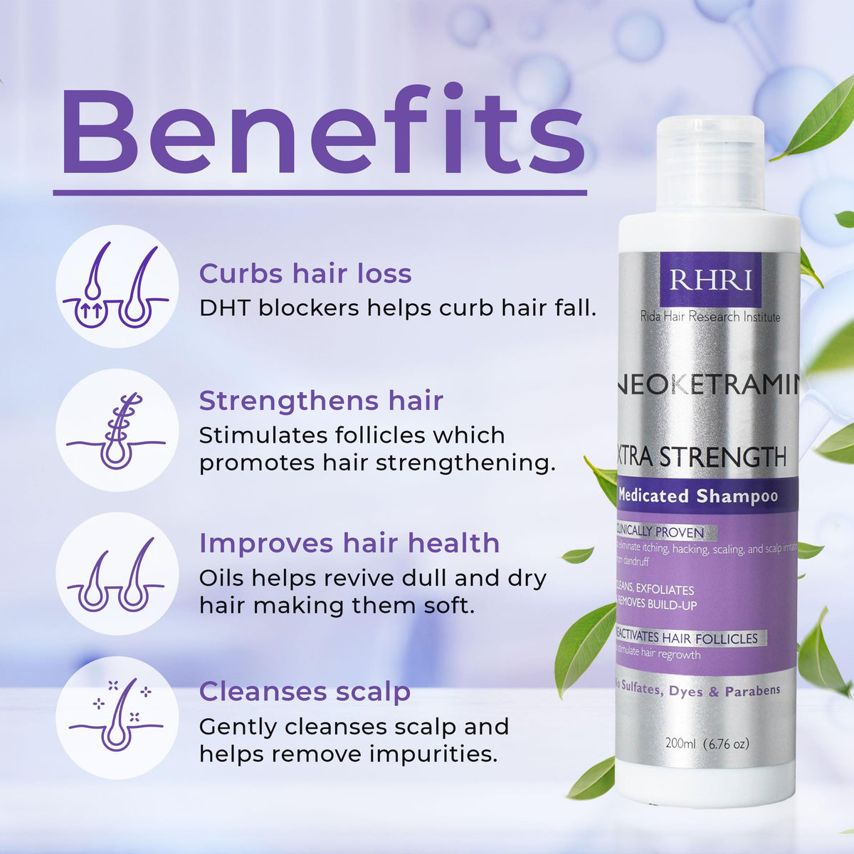 Rida Hair Research Institute dandruff brush beside bottle for deeper scalp cleansing