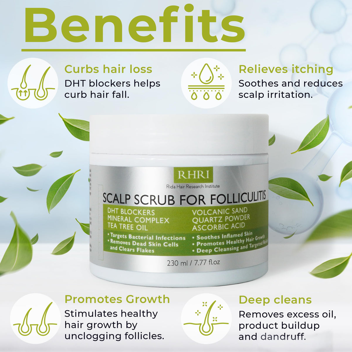 Rida Hair Research Institute scrub in hand being applied for soothing scalp relief