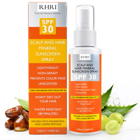 Rida Hair Research Institute front bottle view showing SPF 30 protection and packaging benefit