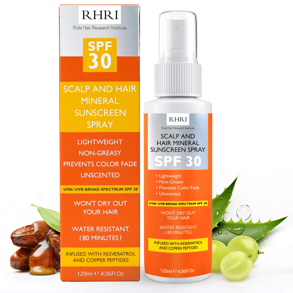 Rida Hair Research Institute front bottle view showing SPF 30 protection and packaging benefit
