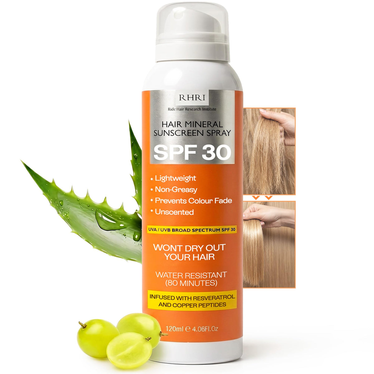 Rida Hair Research Institute front packaging showing SPF 30 spray for easy protection