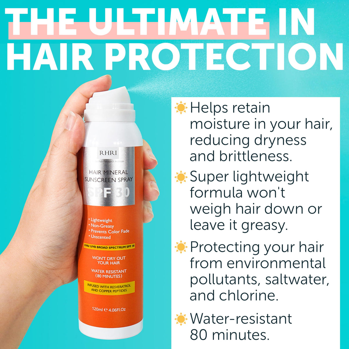 Rida Hair Research Institute mist in use on scalp offering quick UV protection