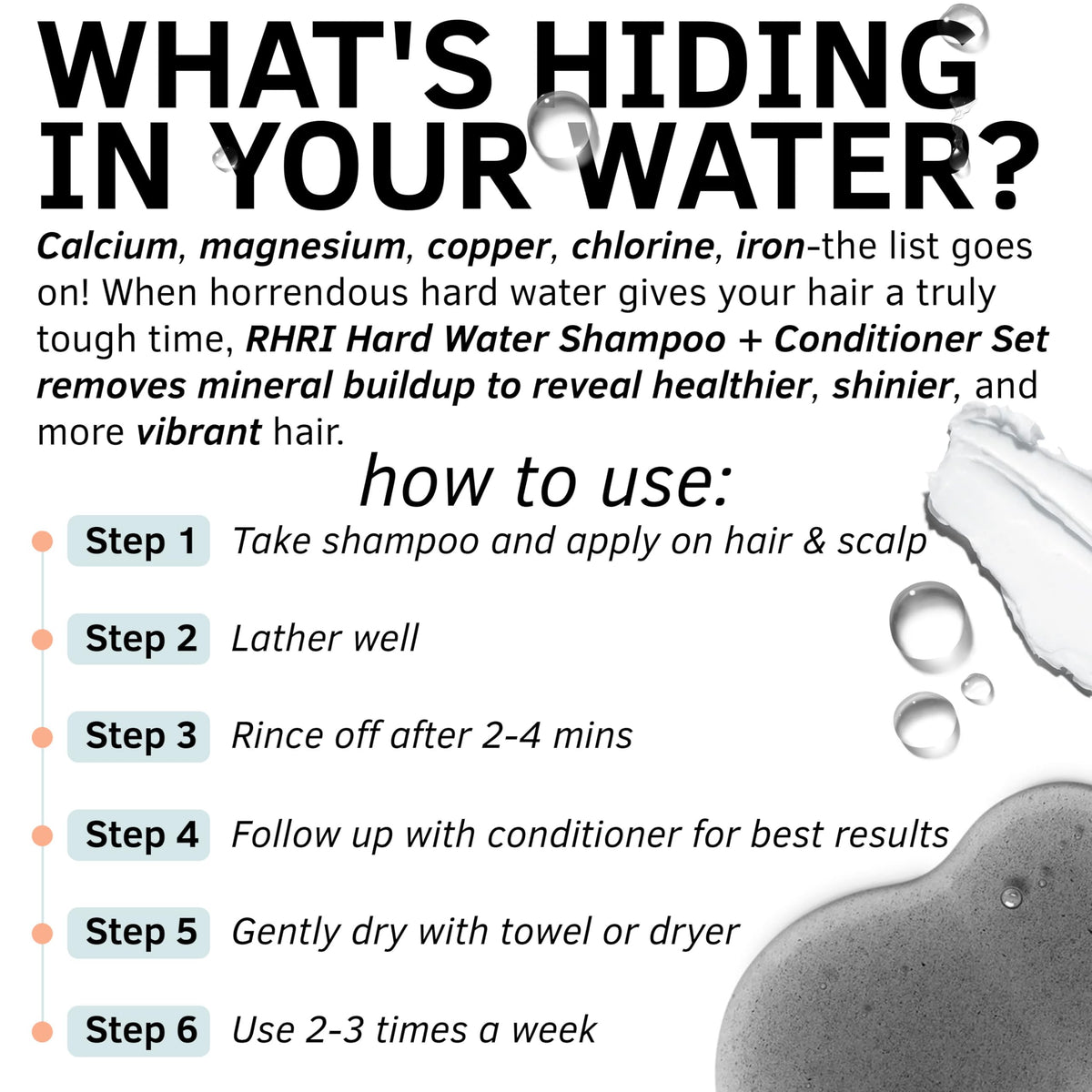 Rida Hair Research Institute bottles in shower during use promoting clarified, manageable hair
