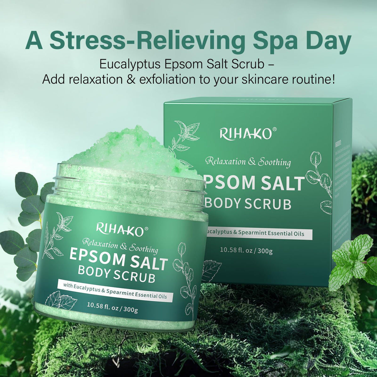RIHAKO scrub on spoon close-up showcasing gritty texture and moisturizing oils
