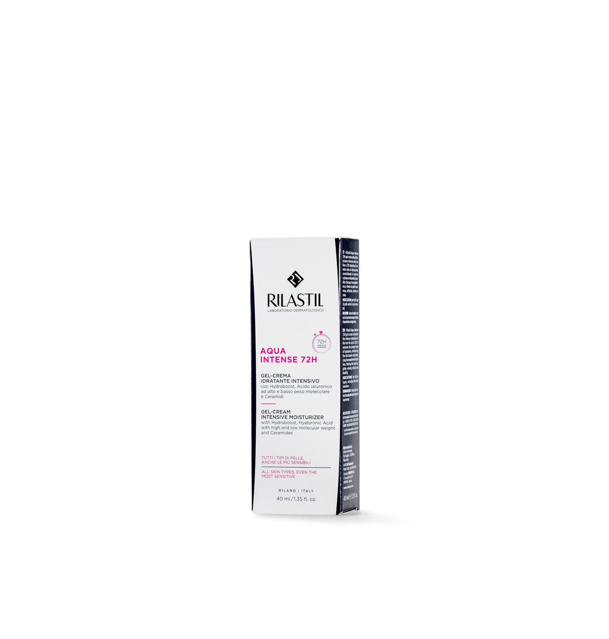 Rilastil tube in hand to show scale and 40ml capacity, emphasizes portable daily-use convenience