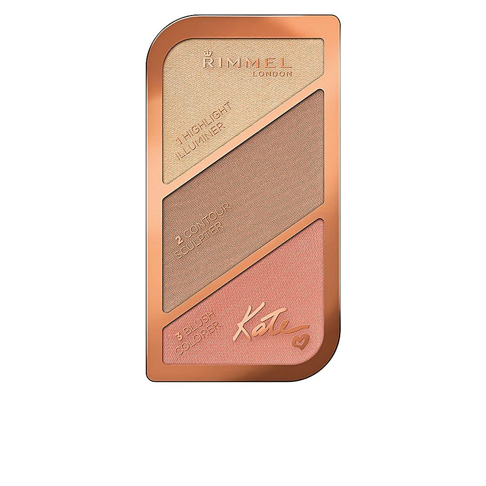 Rimmel Kate compact front view showing three coral-champagne shades for warm radiance