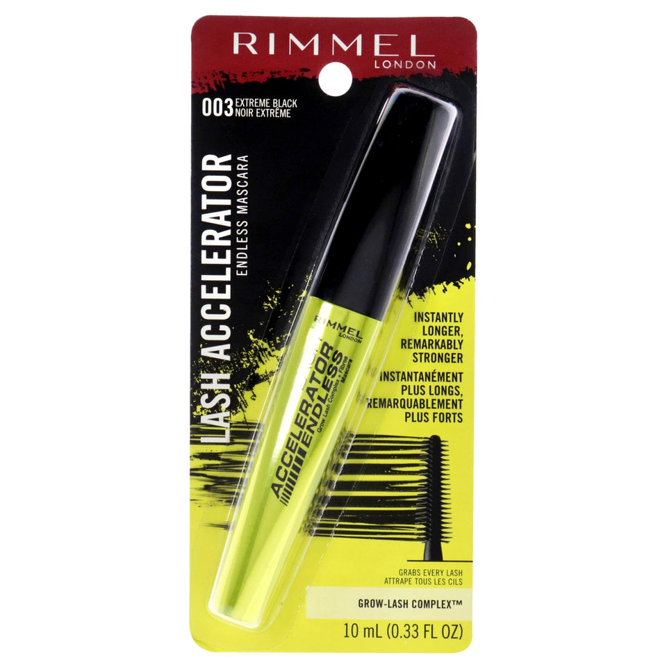 Rimmel Lash Accelerator front packaging showing Extreme Black tube and benefit of intense length