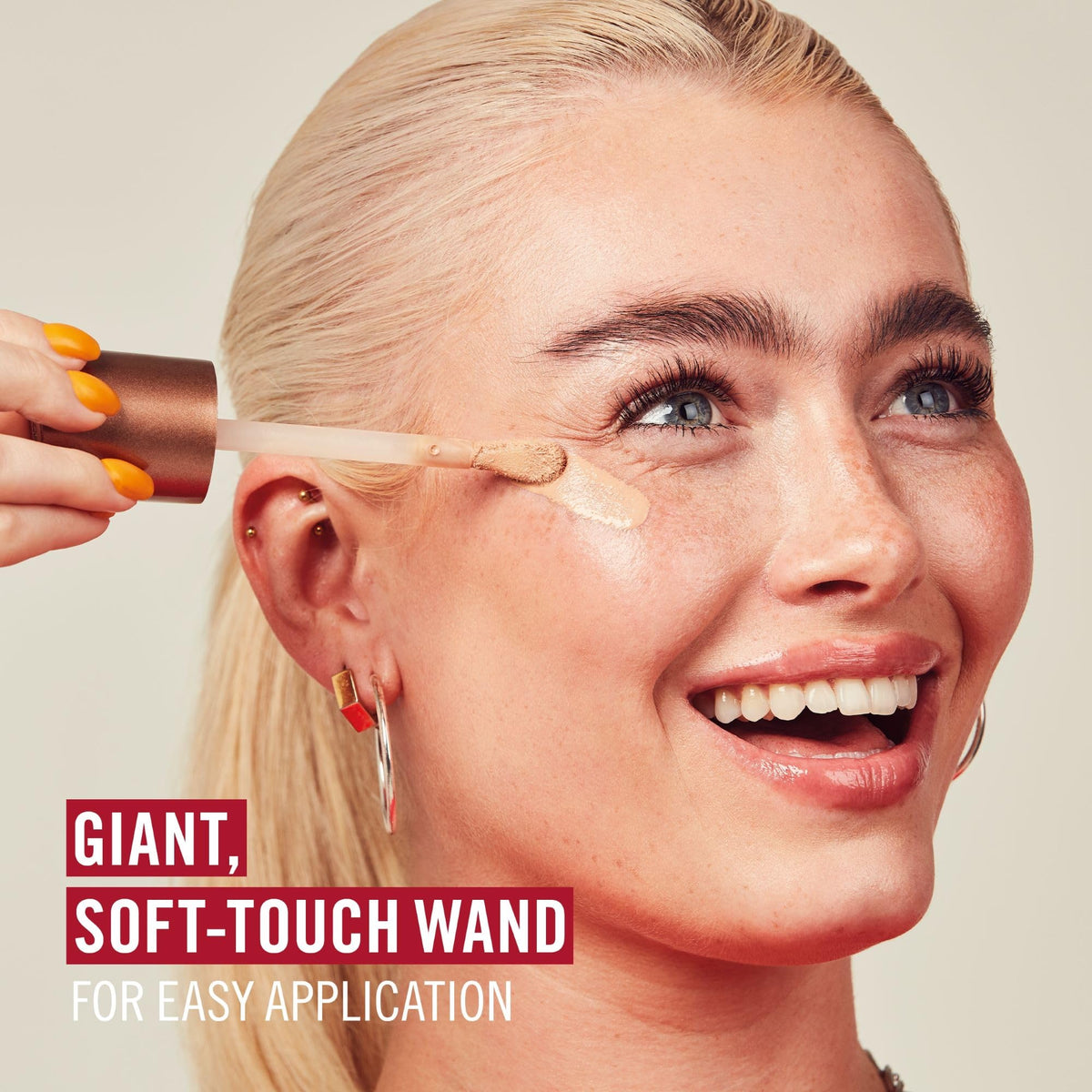Rimmel lifestyle photo of model with glowing skin to show real-wear radiant effect