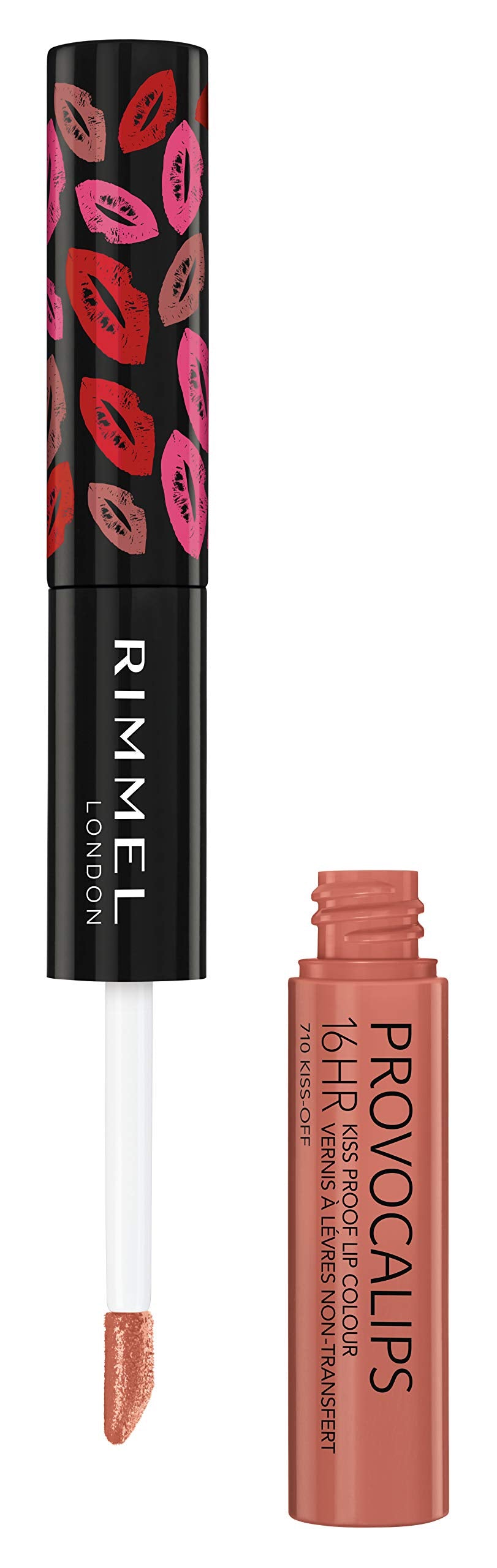 Rimmel Provocalips swatch on arm in 710 Kiss‑Off showing true color payoff