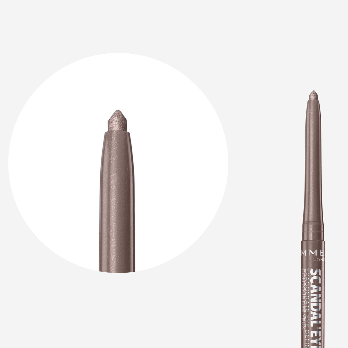 Rimmel Scandaleyes taupe held in hand to show size and travel-friendly convenience