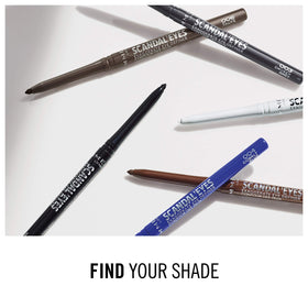 Rimmel Scandaleyes taupe in a makeup bag lifestyle shot emphasizing portability