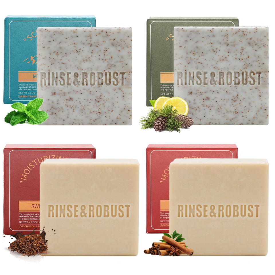 Rinse & Robust front packaging of four-bar gift set showing contents and outdoor artwork