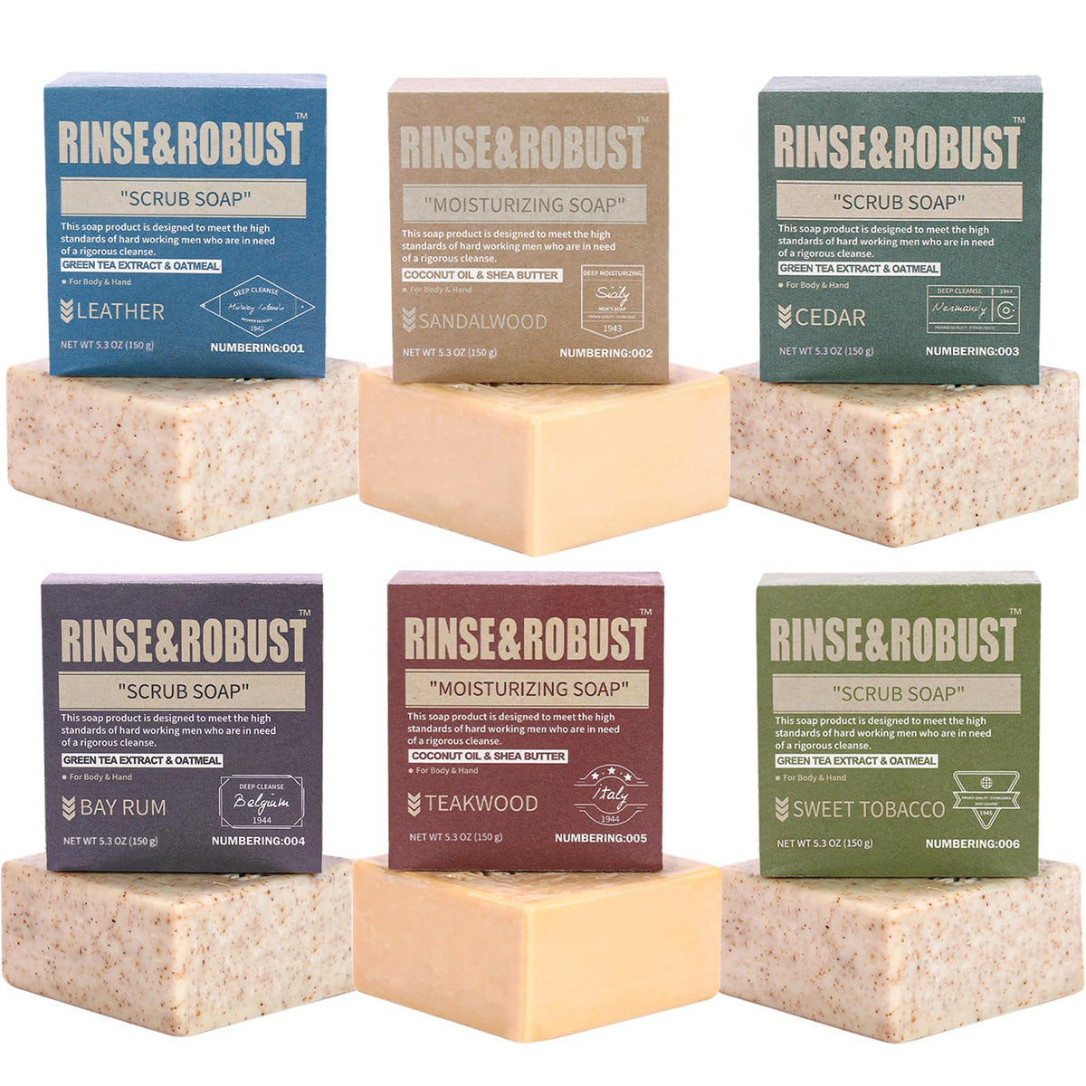 Rinse & Robust front packaging showing six-bar gift box and branding, ideal for gifting