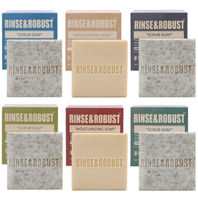 Rinse & Robust front packaging showing kraft box and six bars for easy gifting
