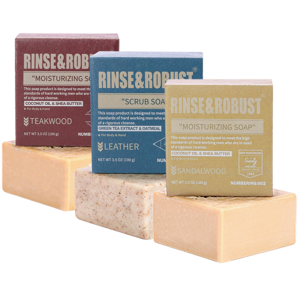 Rinse & Robust front packaging showing the three-bar gift set and artisanal design benefits