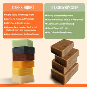 Rinse & Robust ingredients display with oils and charcoal emphasizing thoughtful blends