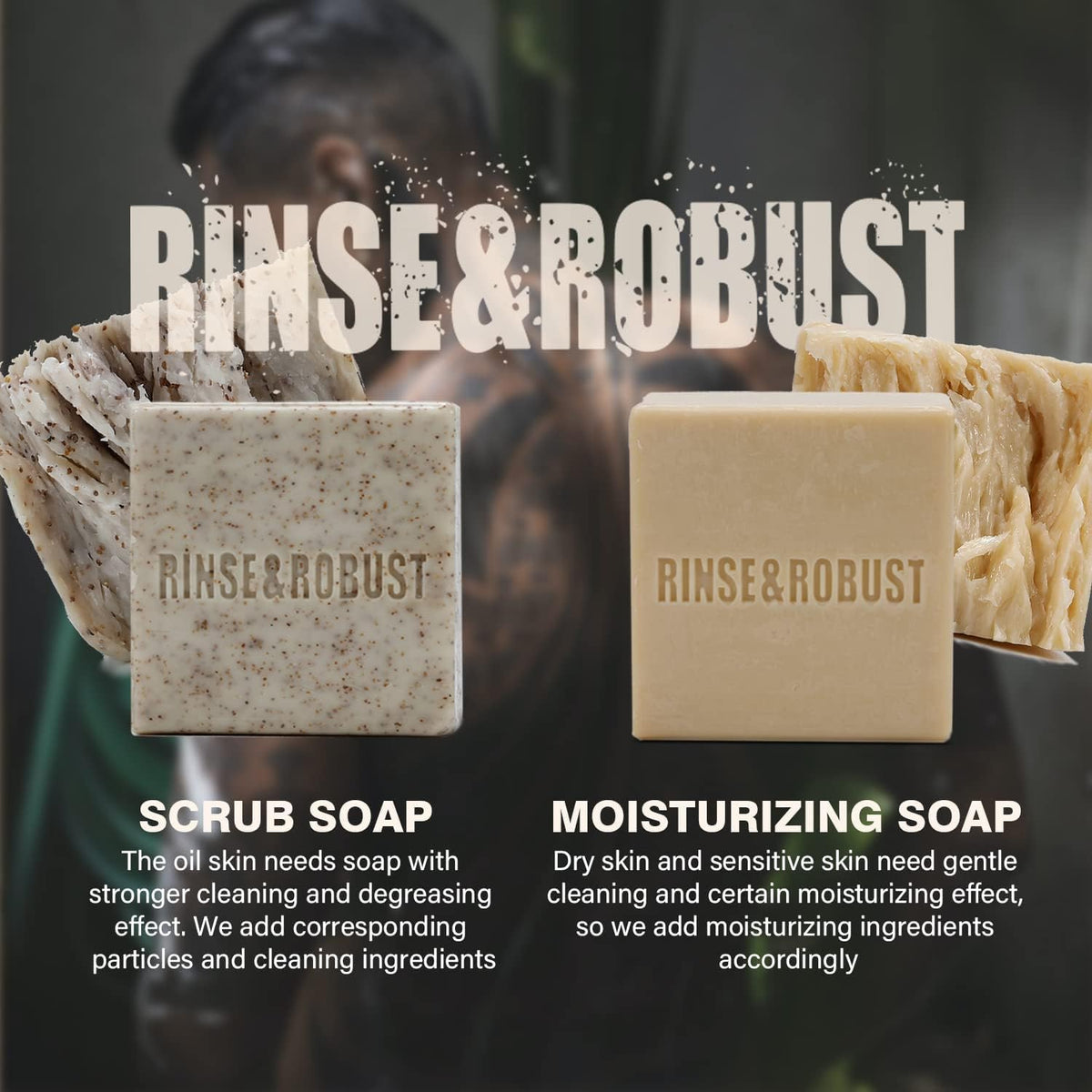Rinse & Robust bars staged in bathroom setting, illustrating everyday grooming benefit