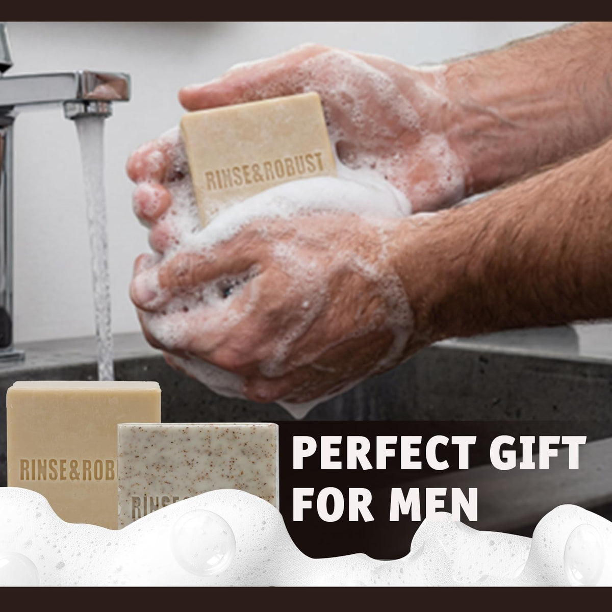 Rinse & Robust bar on shower shelf showing everyday use convenience benefit
