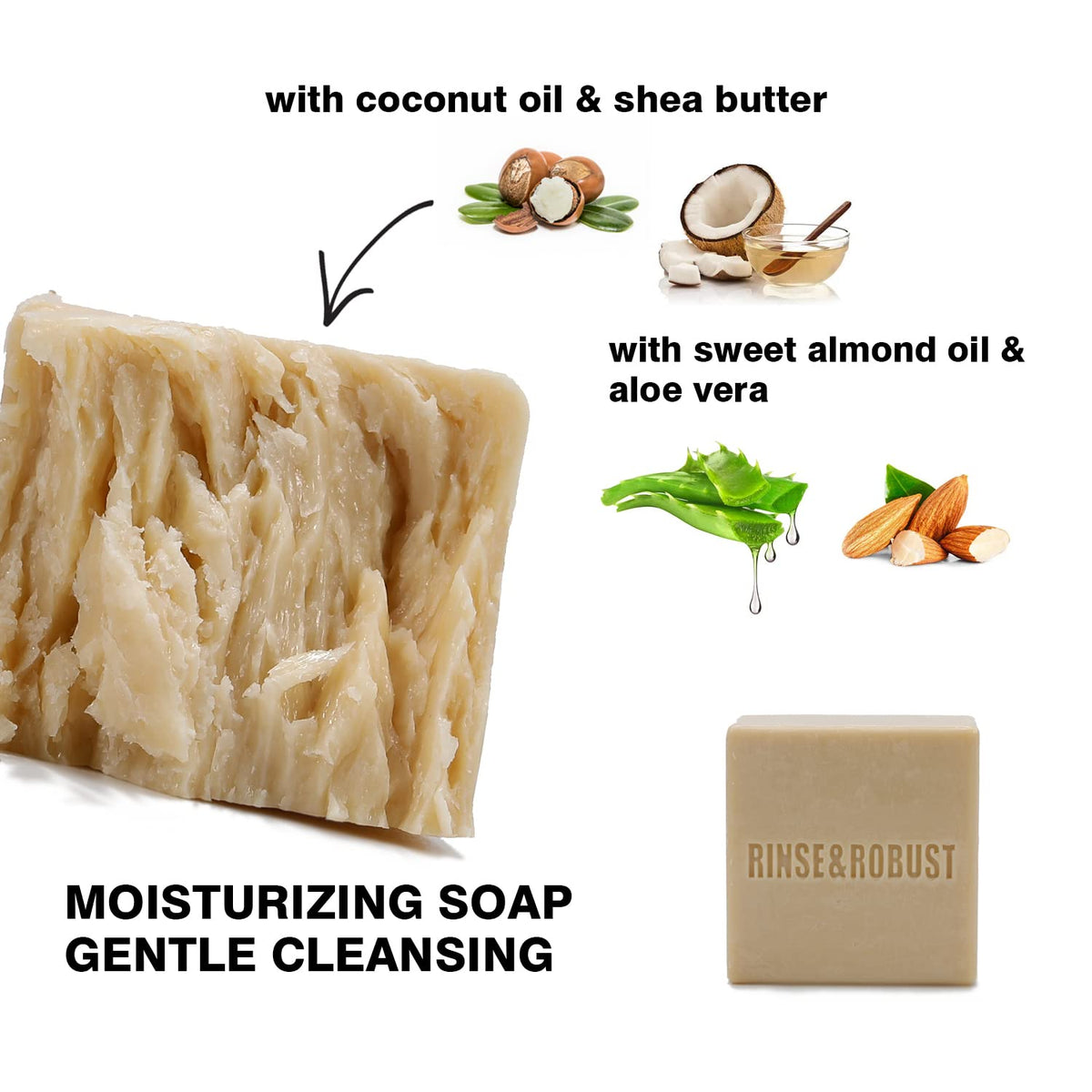 Rinse & Robust bars on shower shelf demonstrating daily routine benefit