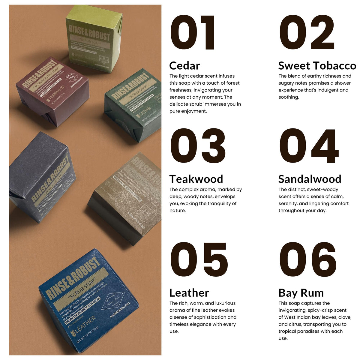 Rinse & Robust six bars arranged to display different scents and textures for variety