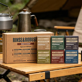 Rinse & Robust six bars laid out, variety and scent options visible