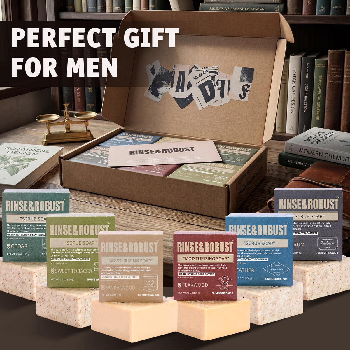 Rinse & Robust six bars arranged to show scent variety and choice