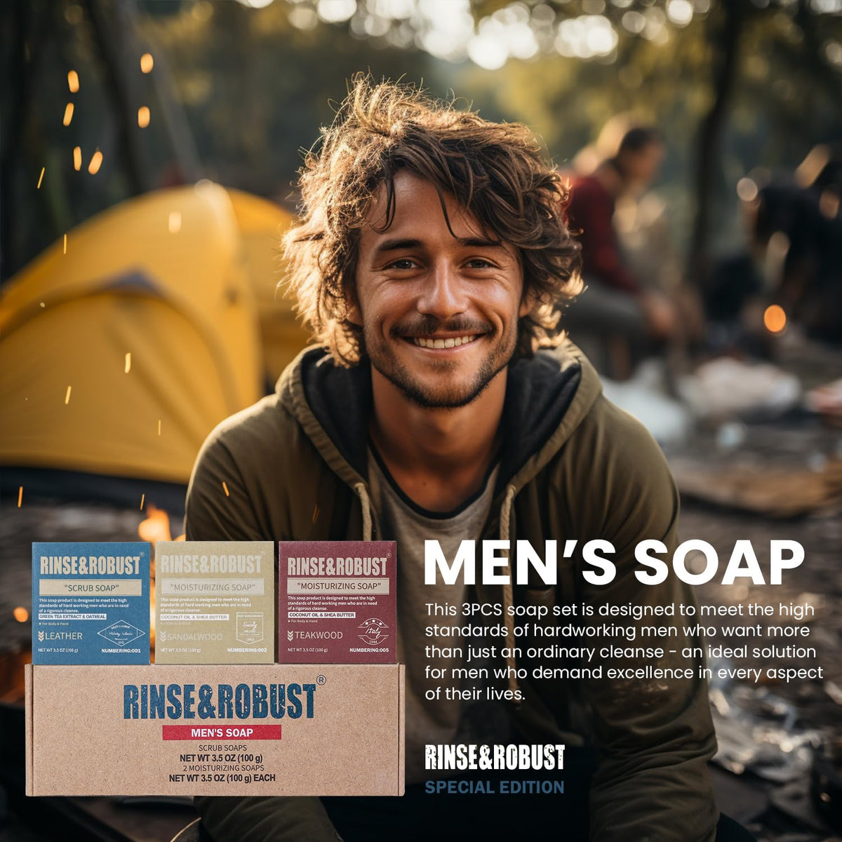 Rinse & Robust soap in hand demonstrating portable size and easy travel convenience