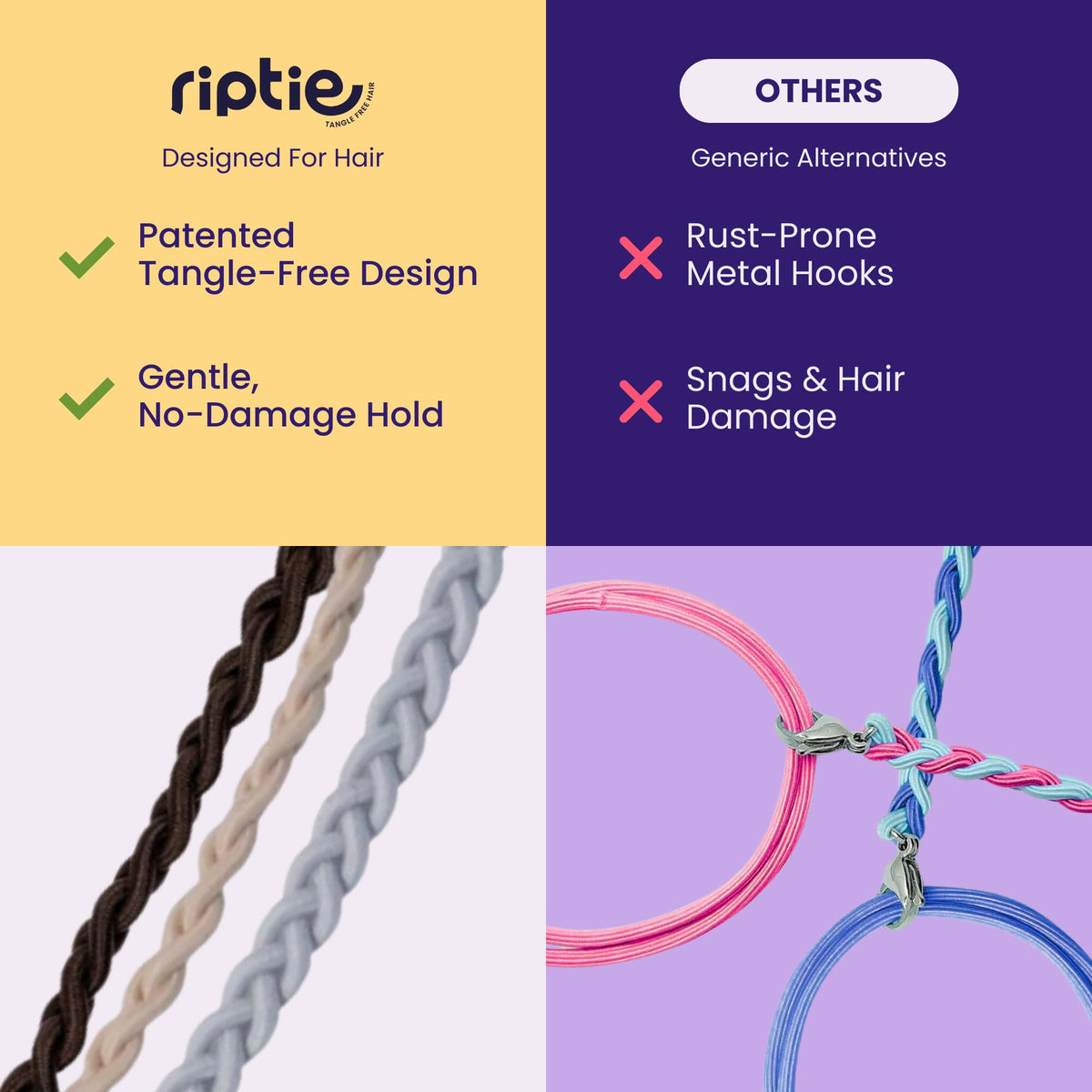 Rip Tie securing ponytail in use demonstrating comfortable, no-pull hold