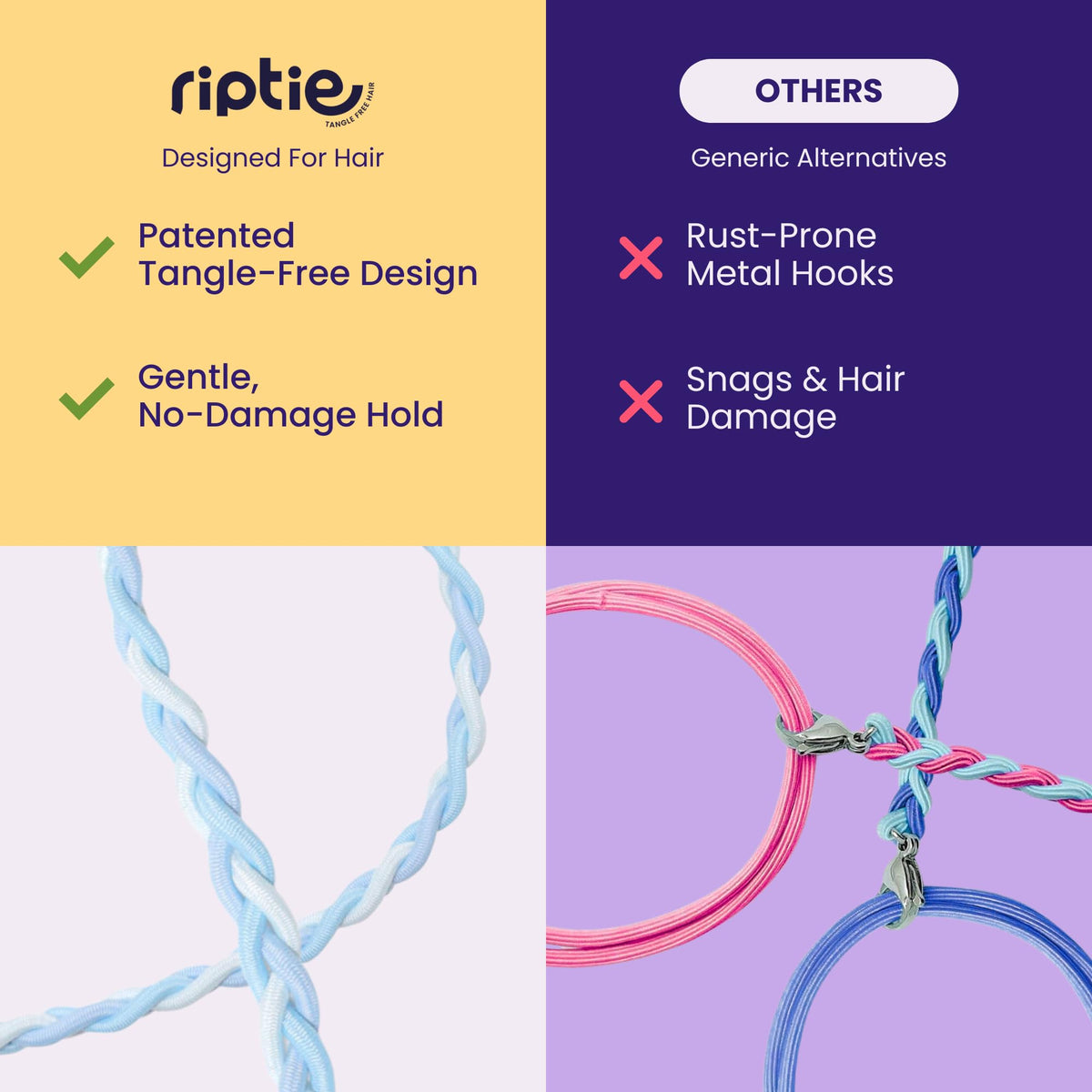 Rip Tie stretched to demonstrate elasticity, Rip Tie keeps hair secure