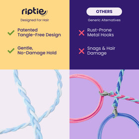 Rip Tie stretched to demonstrate elasticity, Rip Tie keeps hair secure