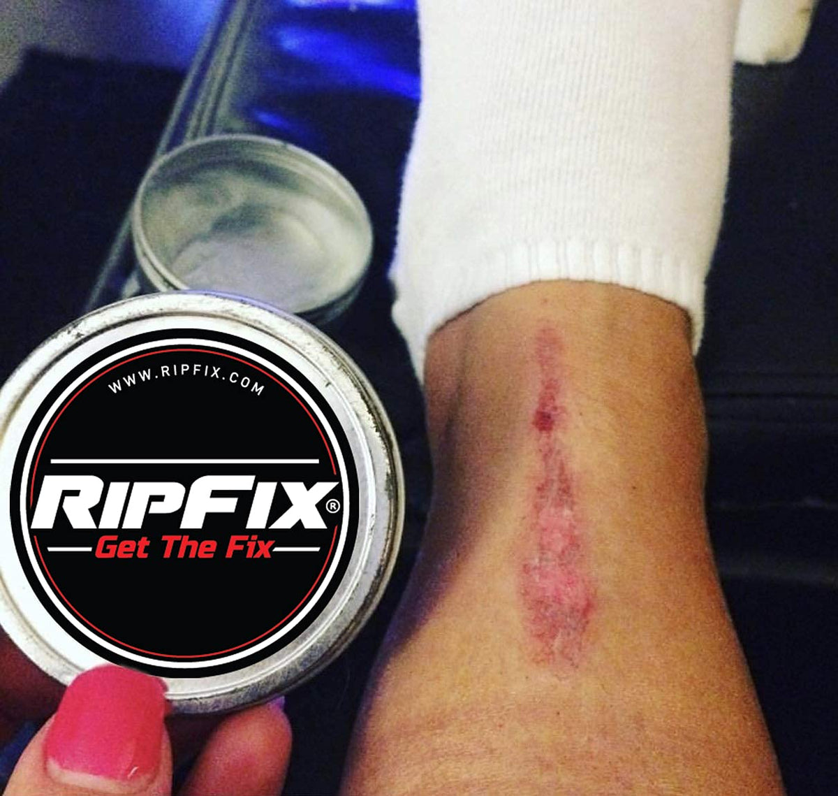 RipFix tin beside a coin showing compact size for travel convenience