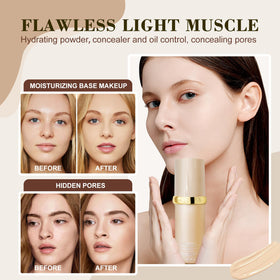 Rise Luxus foundation being blended with sponge demonstrating even coverage