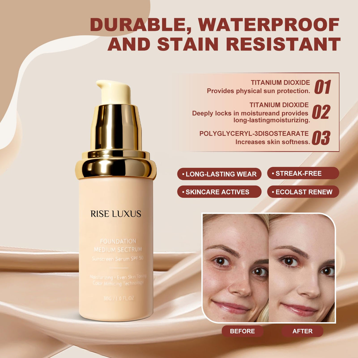 Rise Luxus bottle label detail highlighting SPF 50 and product benefits