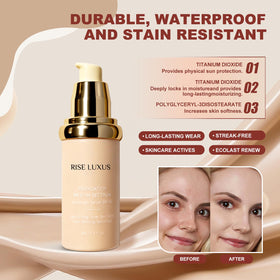 Rise Luxus bottle label detail highlighting SPF 50 and product benefits