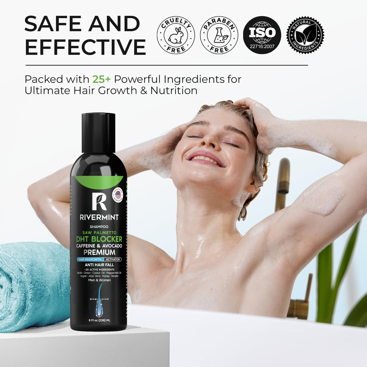 Rivermint pouring shampoo into hand showing control and texture benefit