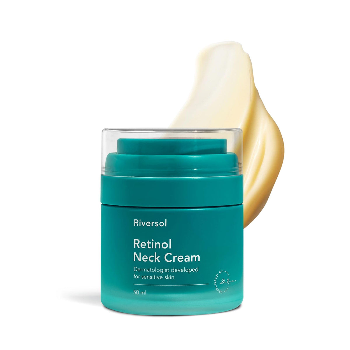 Riversol neck cream front jar showing packaging and benefit for firmer neck