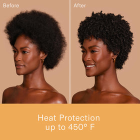 Rizos Curls being applied from spray in hand to protect from heat