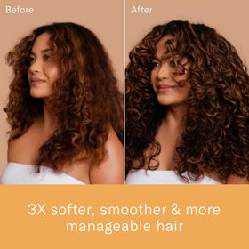 Rizos Curls before and after strands showing reduced frizz and strength