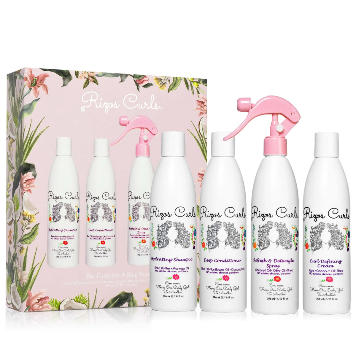 Rizos Curls front packaging showing full four-step bundle and benefits