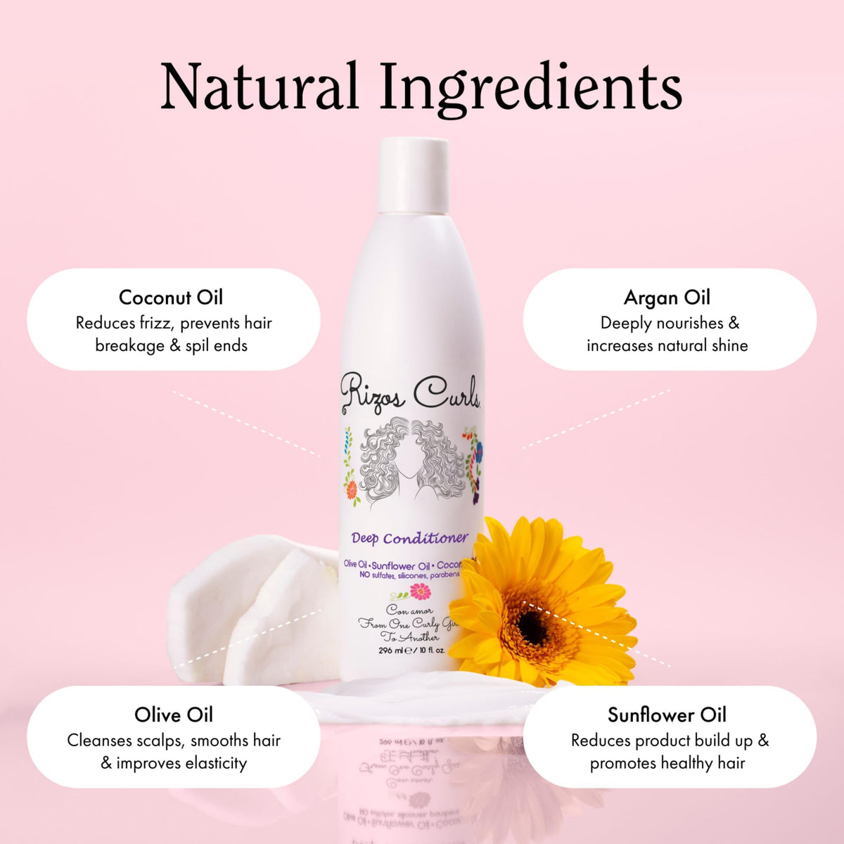 Rizos Curls ingredient icons coconut sunflower argan highlighting natural nourishment
