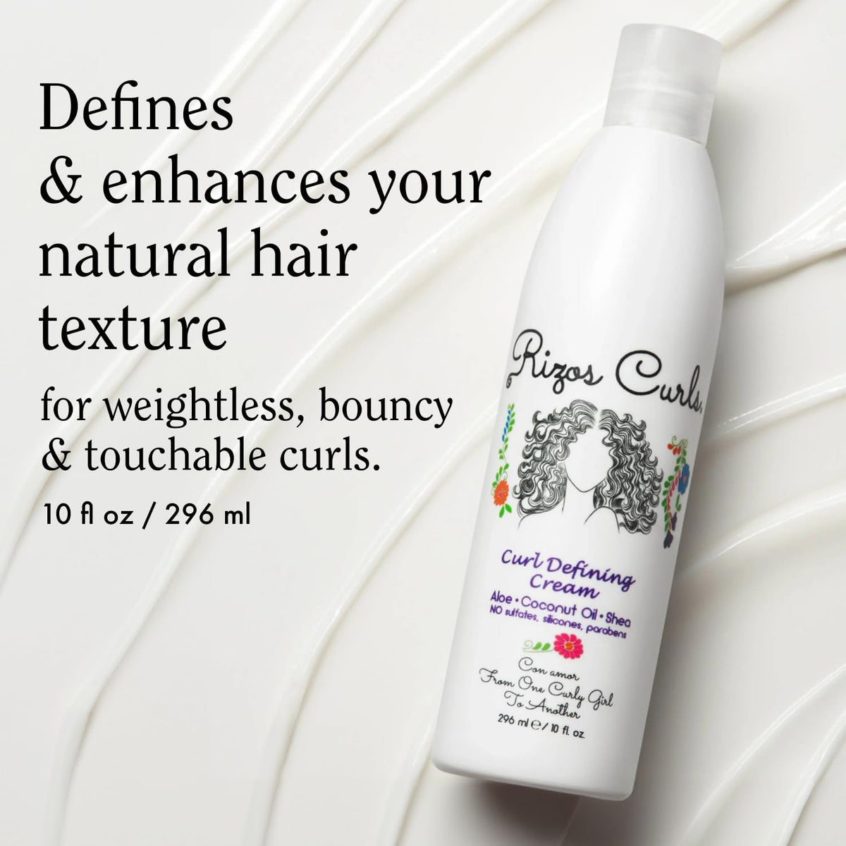 Rizos Curls cream texture close-up highlighting smooth, non-greasy finish